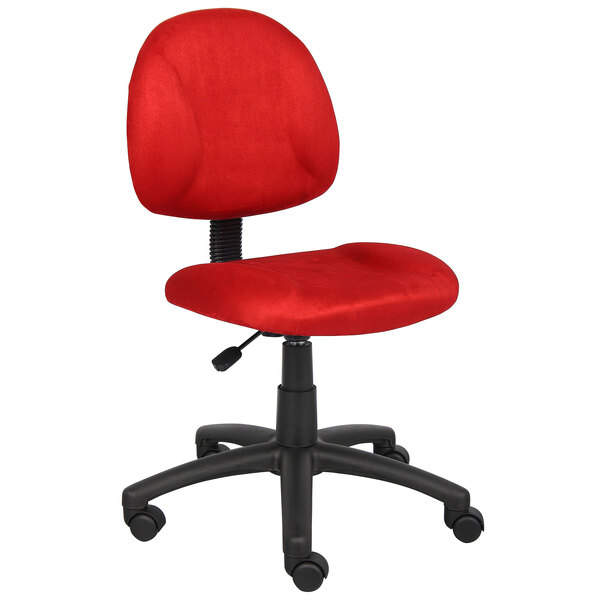 A red Boss office chair with black wheels.