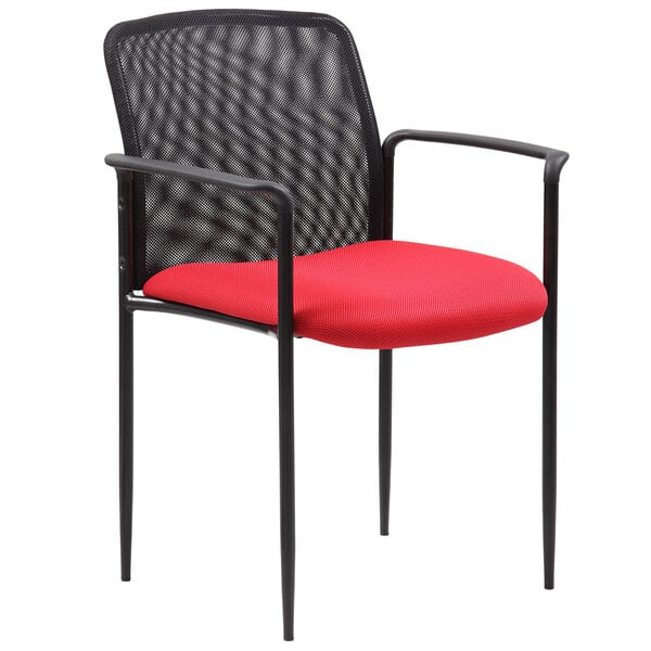 A Boss red mesh stackable guest chair with a red cushion.