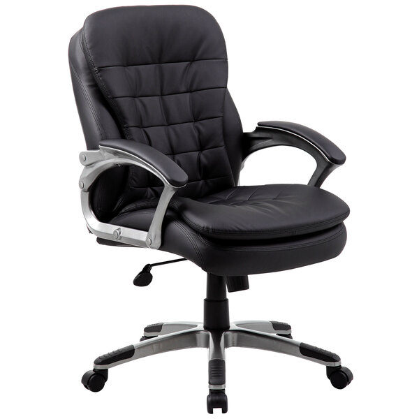 A Boss black office chair with chrome arms and wheels.