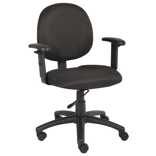 A Boss black office chair with adjustable arms.
