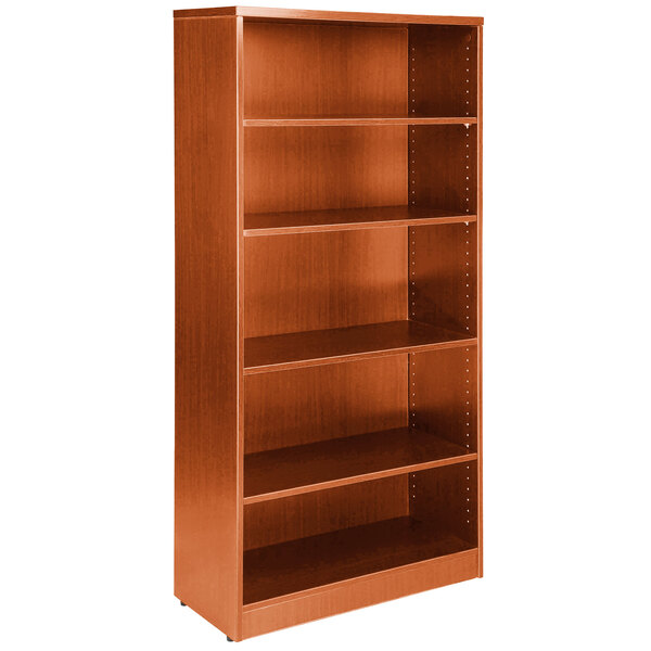 A cherry laminate Boss bookcase with five shelves.