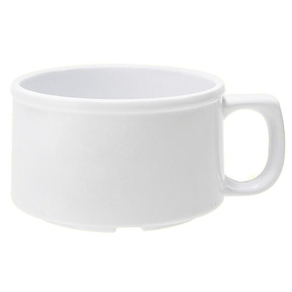 A close up of a white GET melamine mug with a handle.