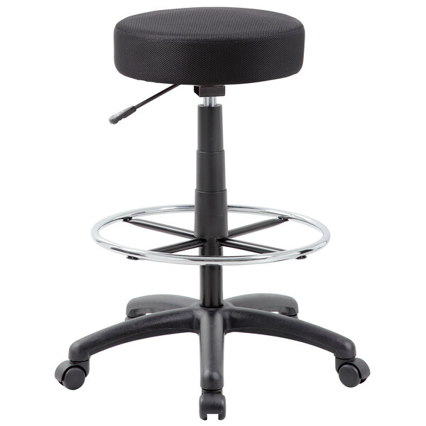 A black Boss drafting stool with wheels and a round seat.