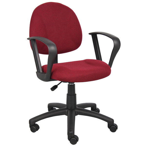 A burgundy office chair with black arms and wheels.