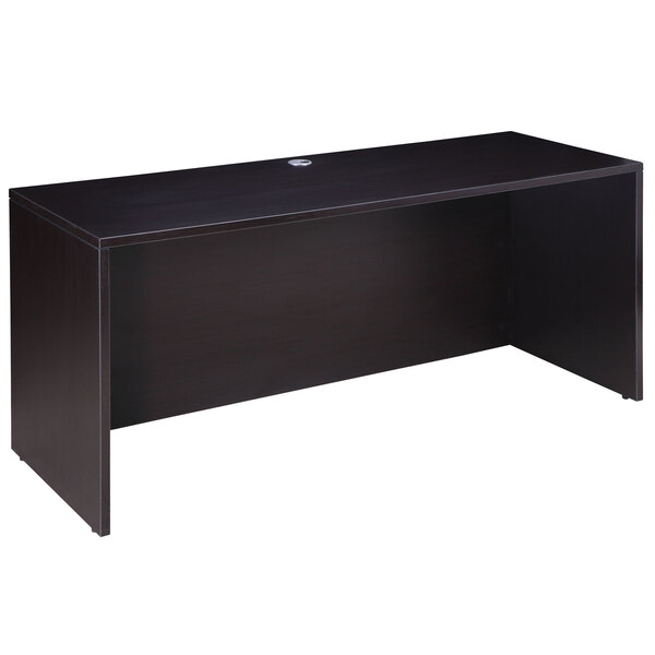 A black laminate Boss credenza shell with a mocha wood top.