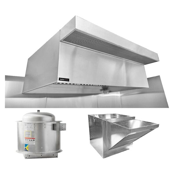 A large stainless steel Halifax commercial kitchen hood system.
