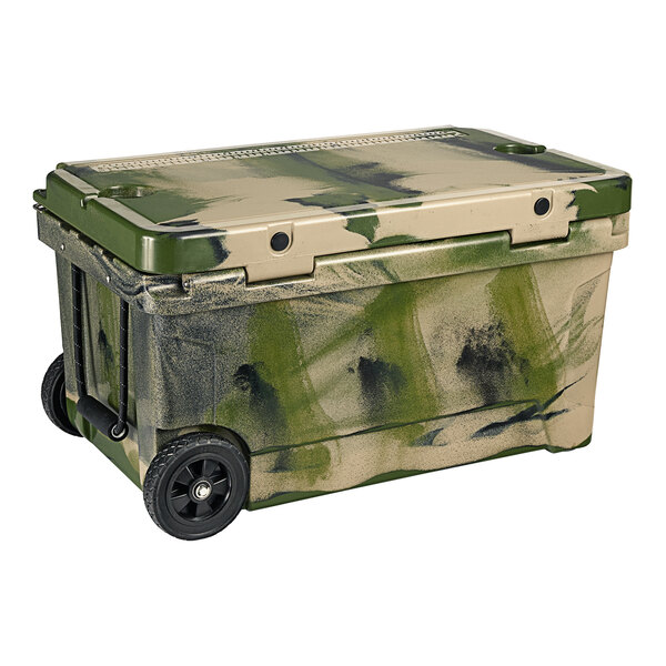 A green and tan CaterGator outdoor cooler with wheels and a lid.