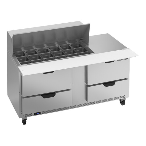 A Beverage-Air silver stainless steel refrigerated sandwich prep table with drawers.