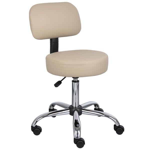 A beige office stool with wheels and a backrest.
