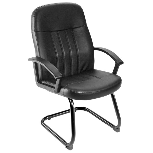 A Boss black leather guest chair with a metal frame and arms.