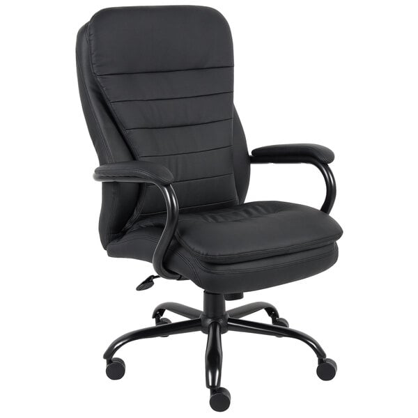 A black Boss office chair with arms and wheels.
