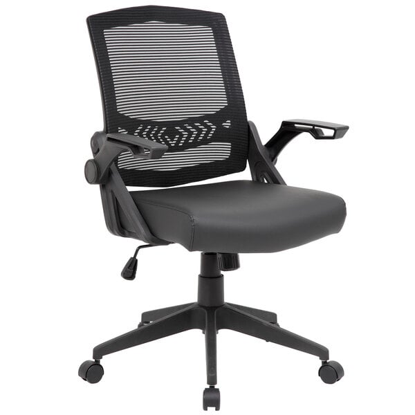 A Boss black mesh office chair with arms.