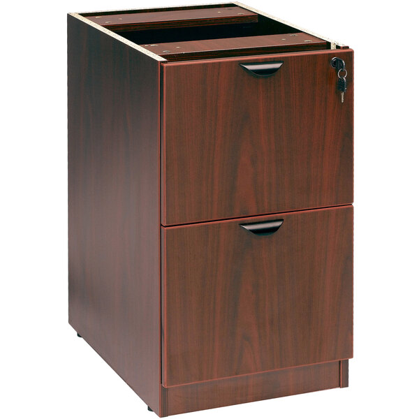 A Boss mahogany laminate pedestal file cabinet with 2 locking drawers.