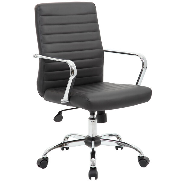 A black Boss office chair with chrome arms.