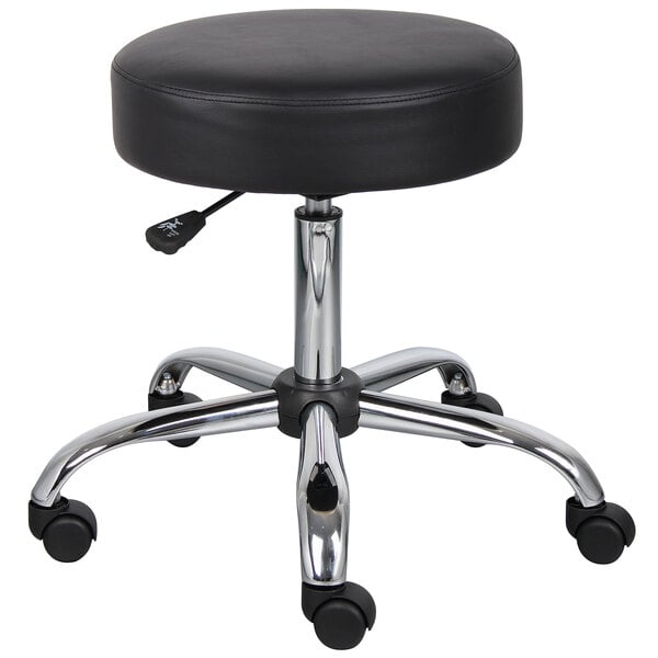 A black Boss Office adjustable stool with chrome wheels.