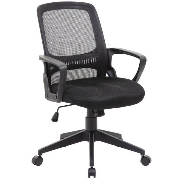 A Boss black mesh office chair with wheels and arms.