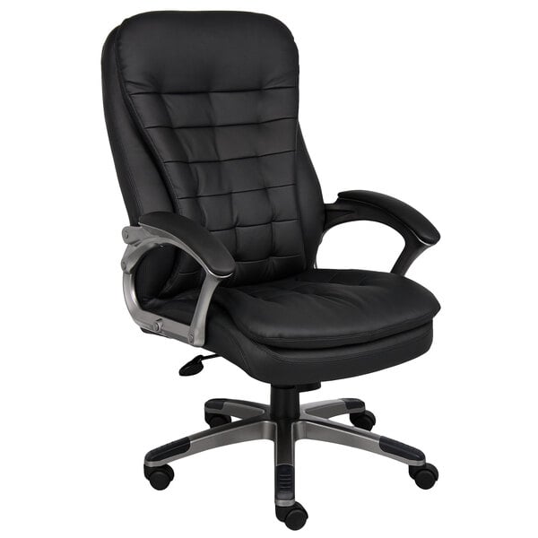 A Boss black leather office chair with pewter finished arms and base.