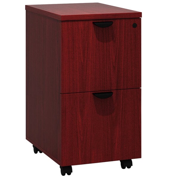 A mahogany Boss mobile pedestal filing cabinet with 2 file drawers and wheels.