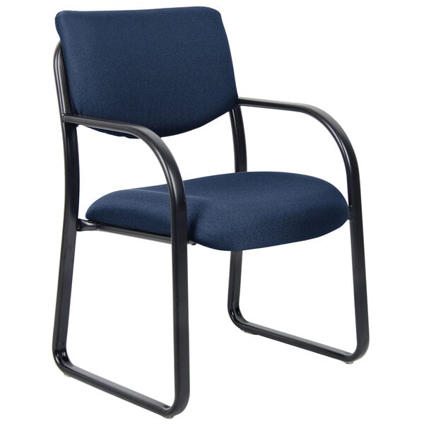 A blue Boss guest chair with black metal legs.
