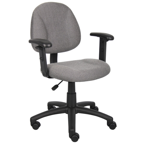 A gray Boss office chair with black wheels and arms.
