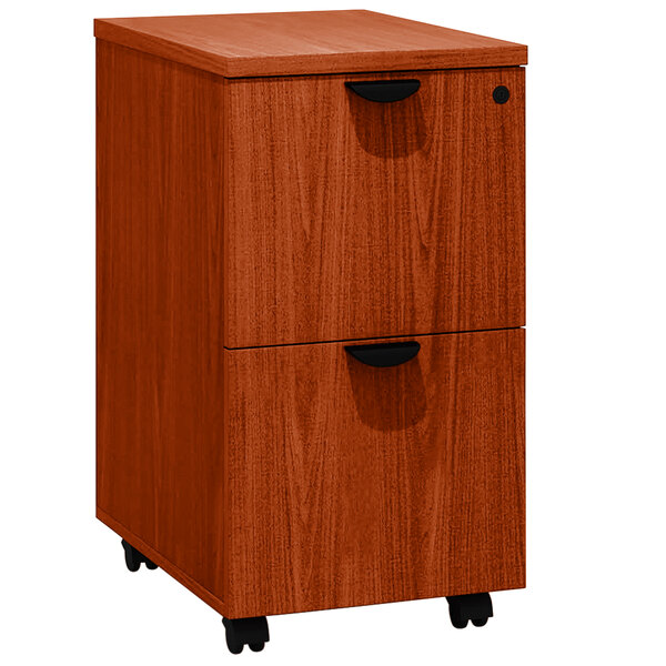 A cherry laminate Boss mobile pedestal file cabinet with 2 drawers on wheels with black handles.