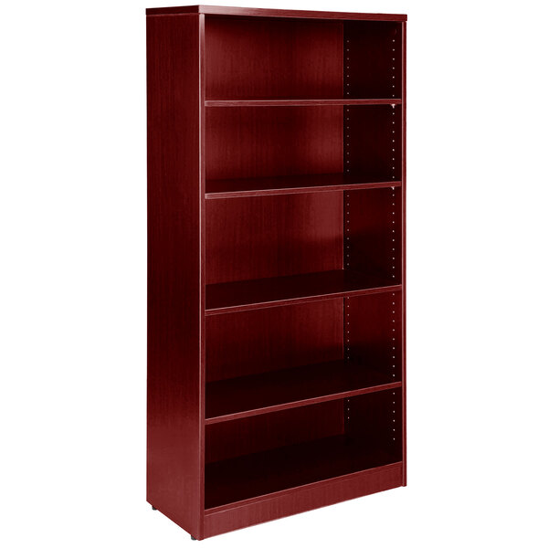 A mahogany laminate Boss bookcase with five shelves.