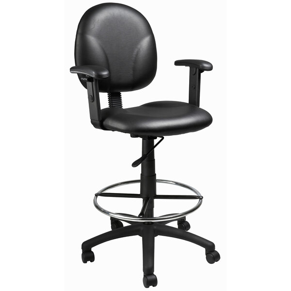 A black Boss drafting stool with adjustable arms and footring on a metal base.