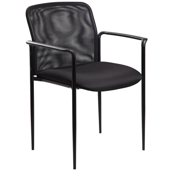 A Boss black mesh guest chair with armrests.