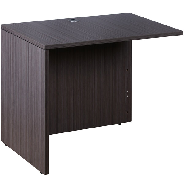 A brown rectangular Boss desk with a reversible return.