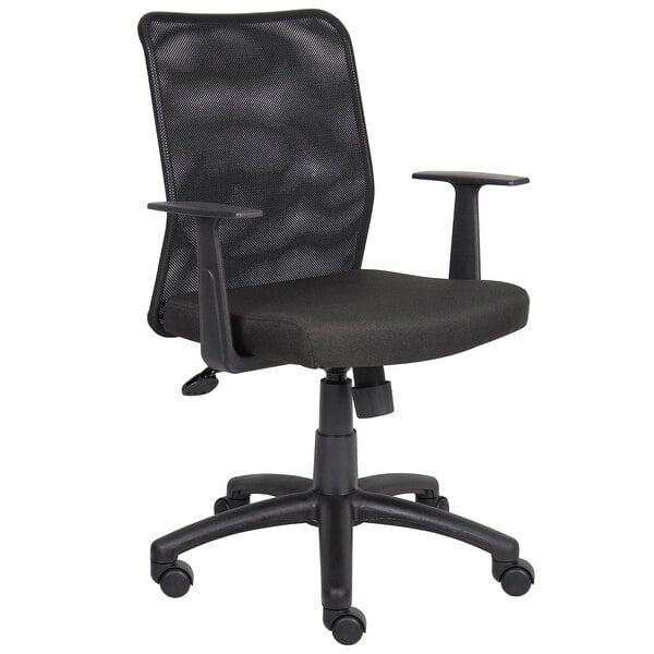 A Boss black mesh office chair with armrests.