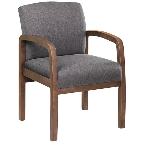 A slate gray Boss guest chair with wooden armrests.