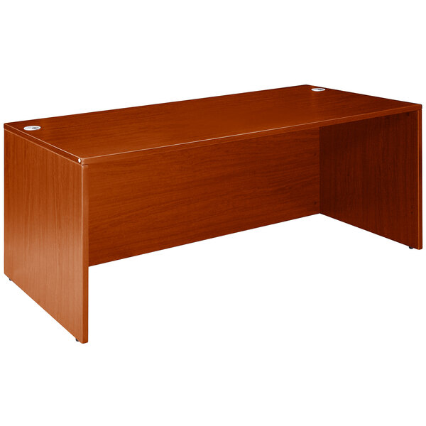A brown Boss laminate desk shell with a wooden top.