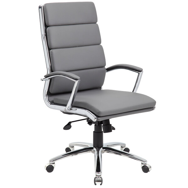 A Boss gray office chair with chrome arms.
