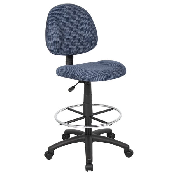 A Boss blue armless drafting stool with a metal base and footring.