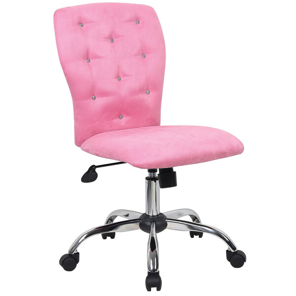 A pink Boss office chair with chrome wheels and a buttoned back.