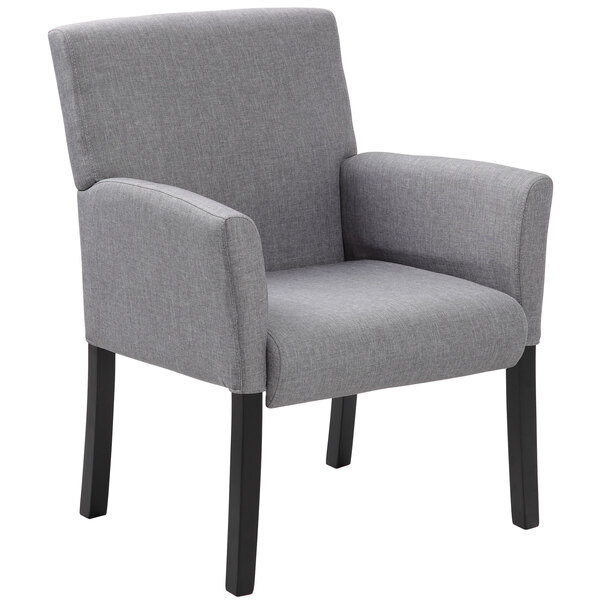 A Boss gray chair with black legs and arms.