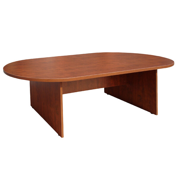 A Boss cherry laminate oval conference table with a wooden top.