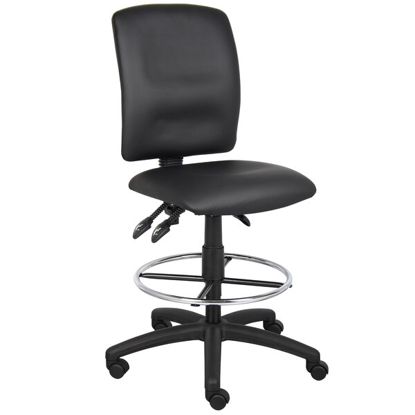 A Boss Black LeatherPlus drafting stool with a chrome base.