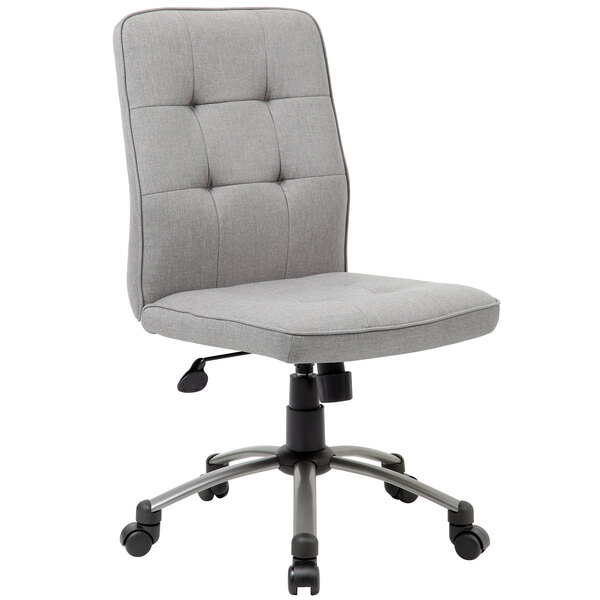 A taupe office chair with wheels and a black base.