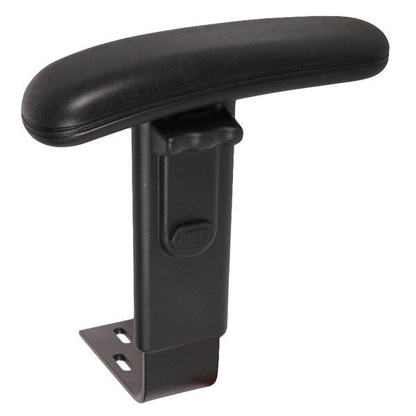 A black plastic arm rest with a metal arm and round button.