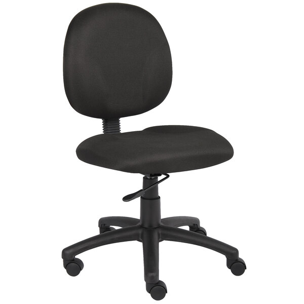 A Boss black office chair with wheels and a black seat.