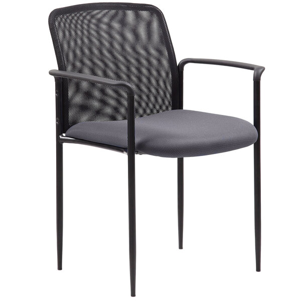 A gray Boss stackable guest chair with a mesh back.