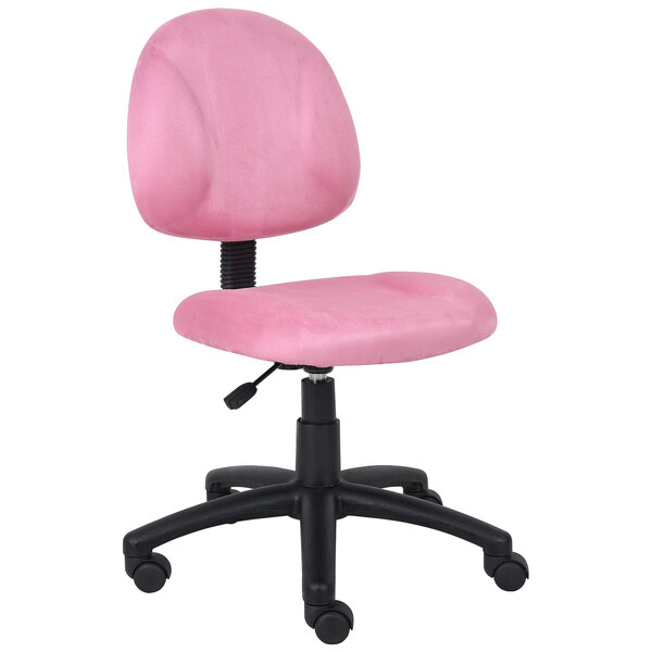 A pink Boss office chair with black wheels.