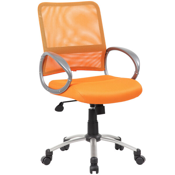 An orange mesh Boss office chair with a pewter base.