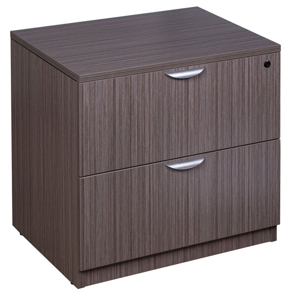 A Boss Driftwood laminate two drawer lateral file cabinet with silver handles.