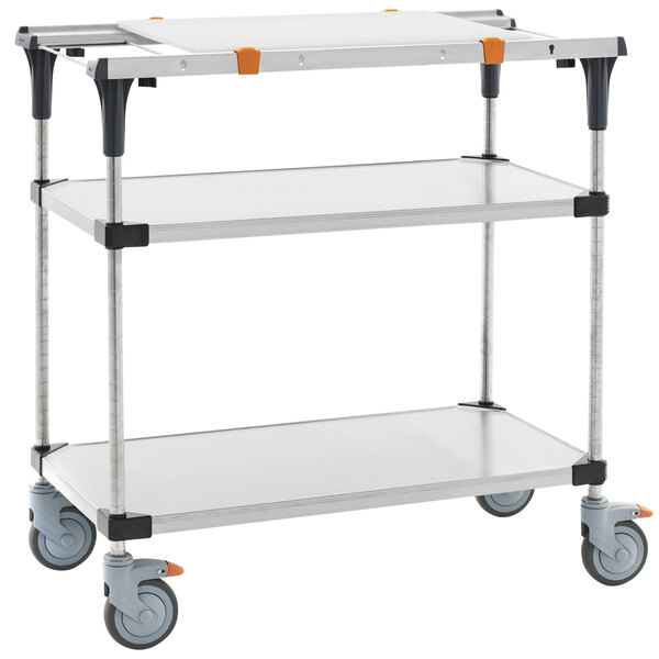 A white cart with stainless steel shelves and black wheels.