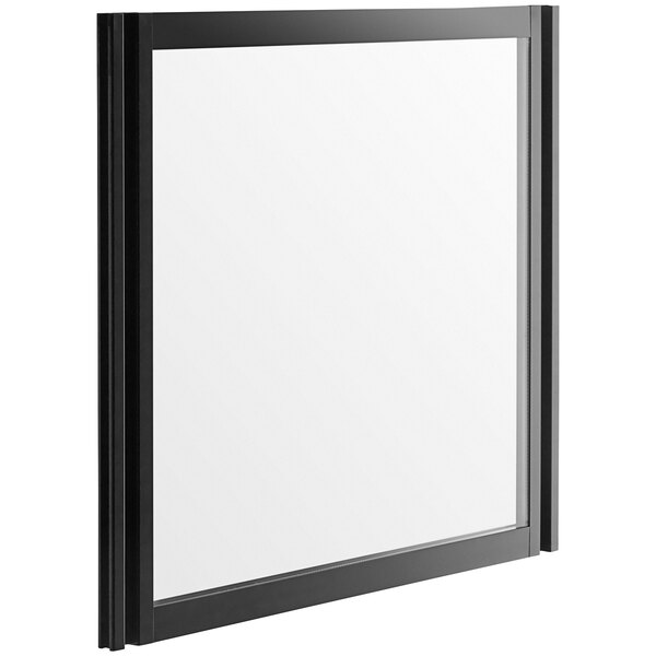 A black rectangular frame with a white surface on a white background.