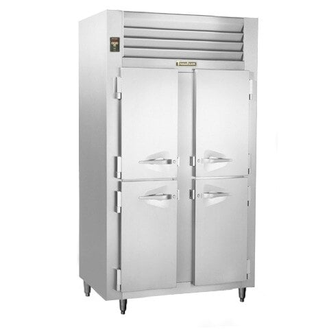 A stainless steel Traulsen reach-in freezer with two half doors with handles.