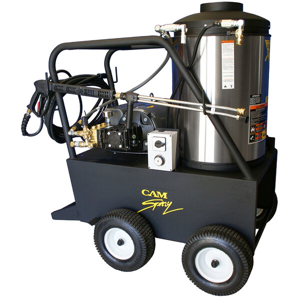 A Cam Spray portable electric hot water pressure washer with a hose and wheels.