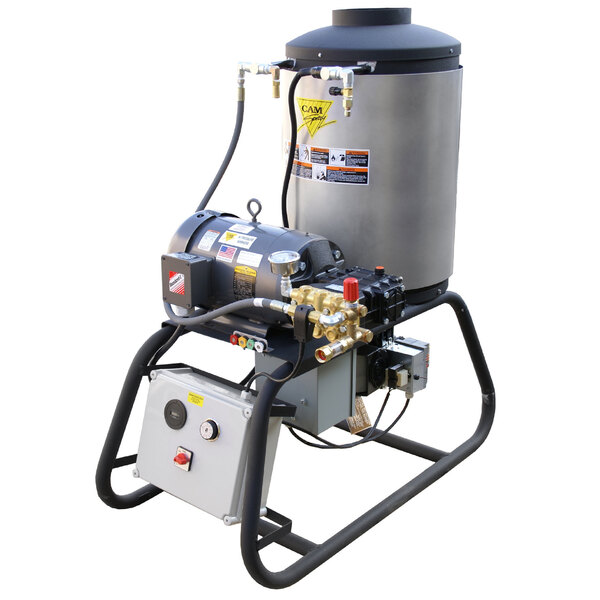 A Cam Spray stationary LP gas fired cold water pressure washer with a hose attached.